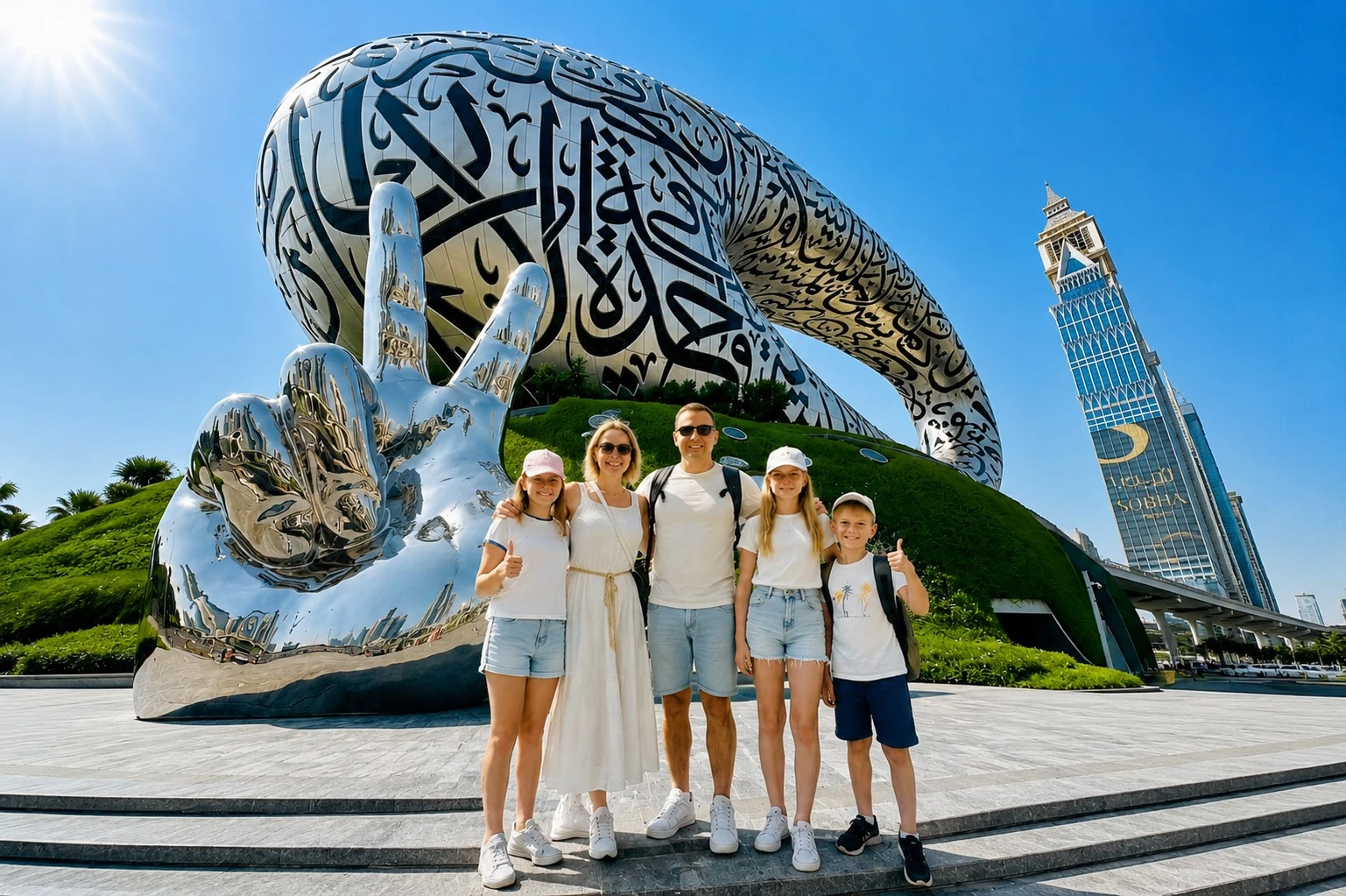 Travelers enjoying a photo stop at the Museum of the Future during a Dubai city tour