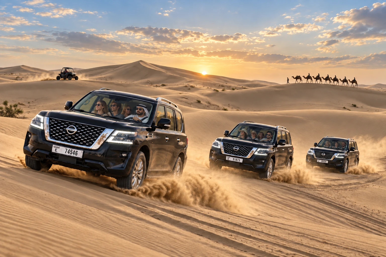 Travelers enjoying a Dubai desert safari with 4x4 dune driving