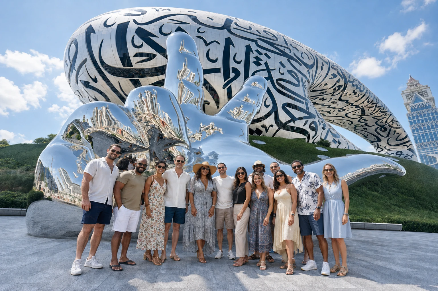Group of travelers enjoying the outside view of Museum of the Future