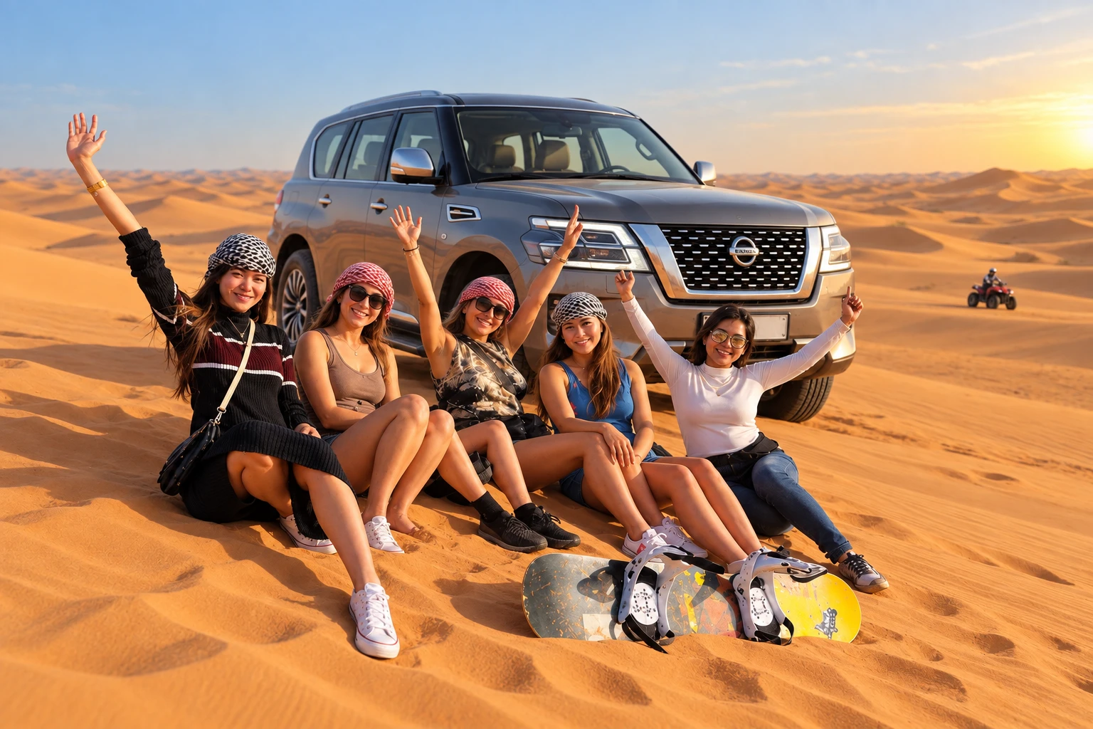 Travelers enjoying the golden sand dunes during Desert Safari Tour
