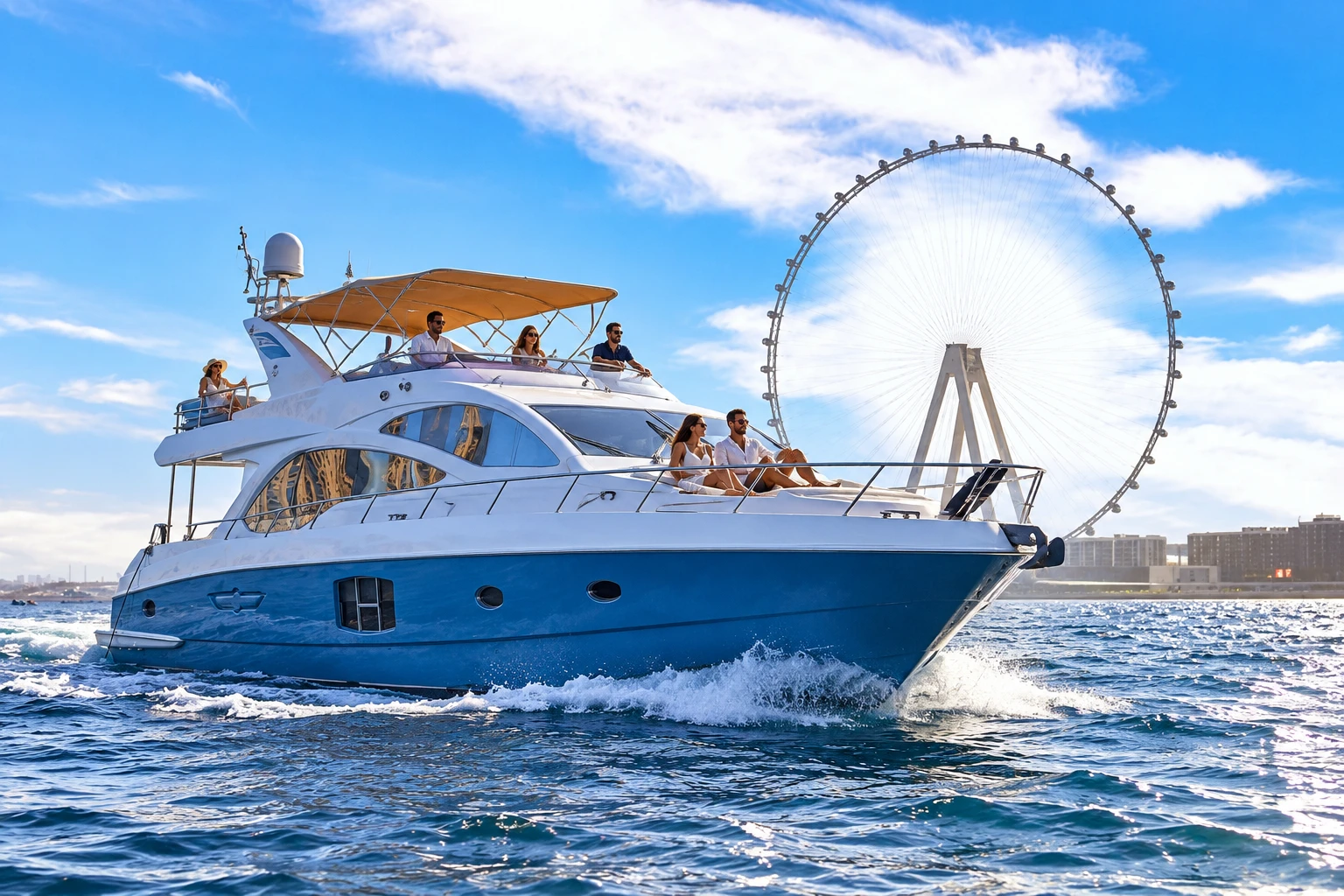 Guests enjoying a shared yacht tour in Dubai Marina with views of the Ain Dubai