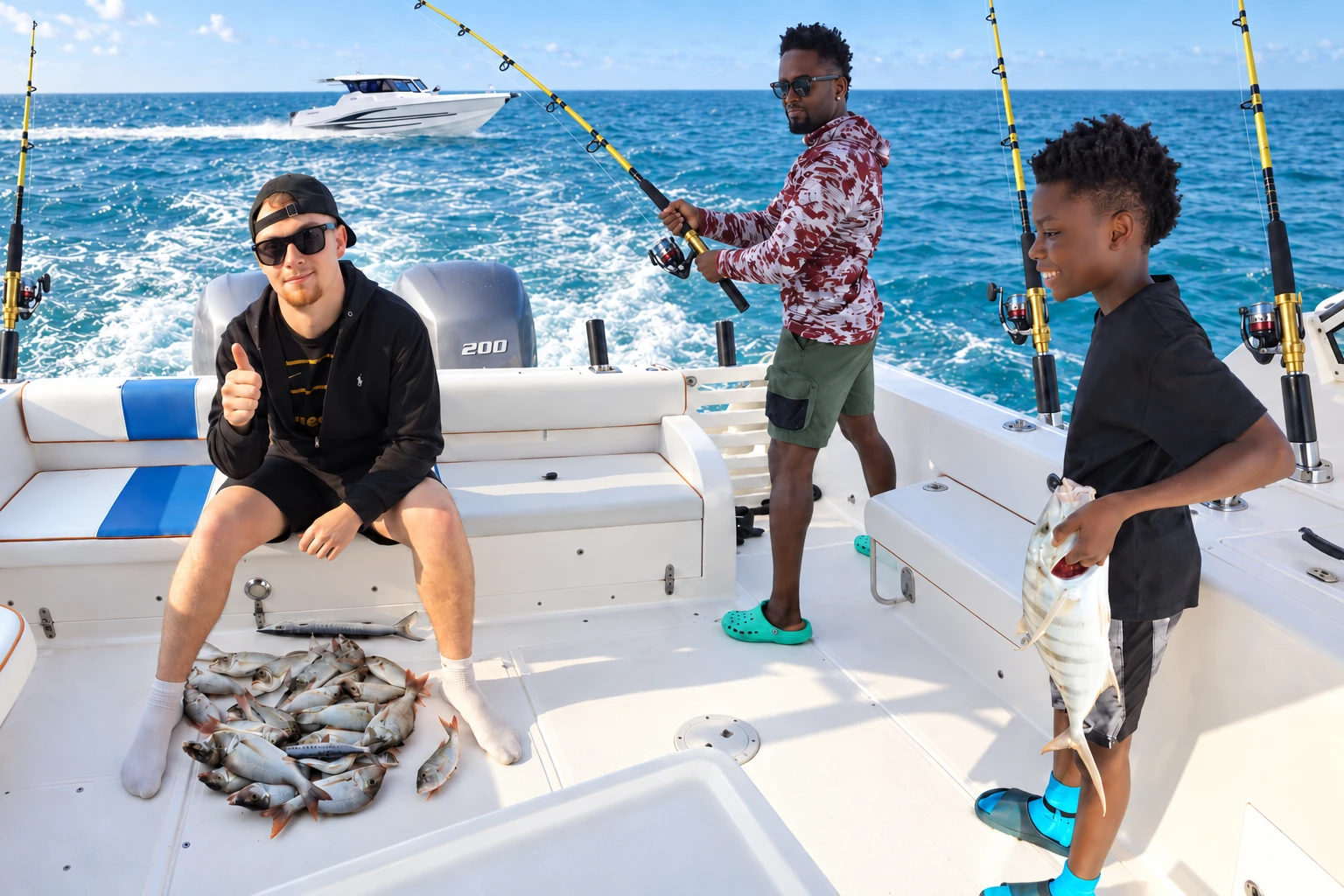 Travelers enjoying a deep sea fishing tour on a boat in Dubai
