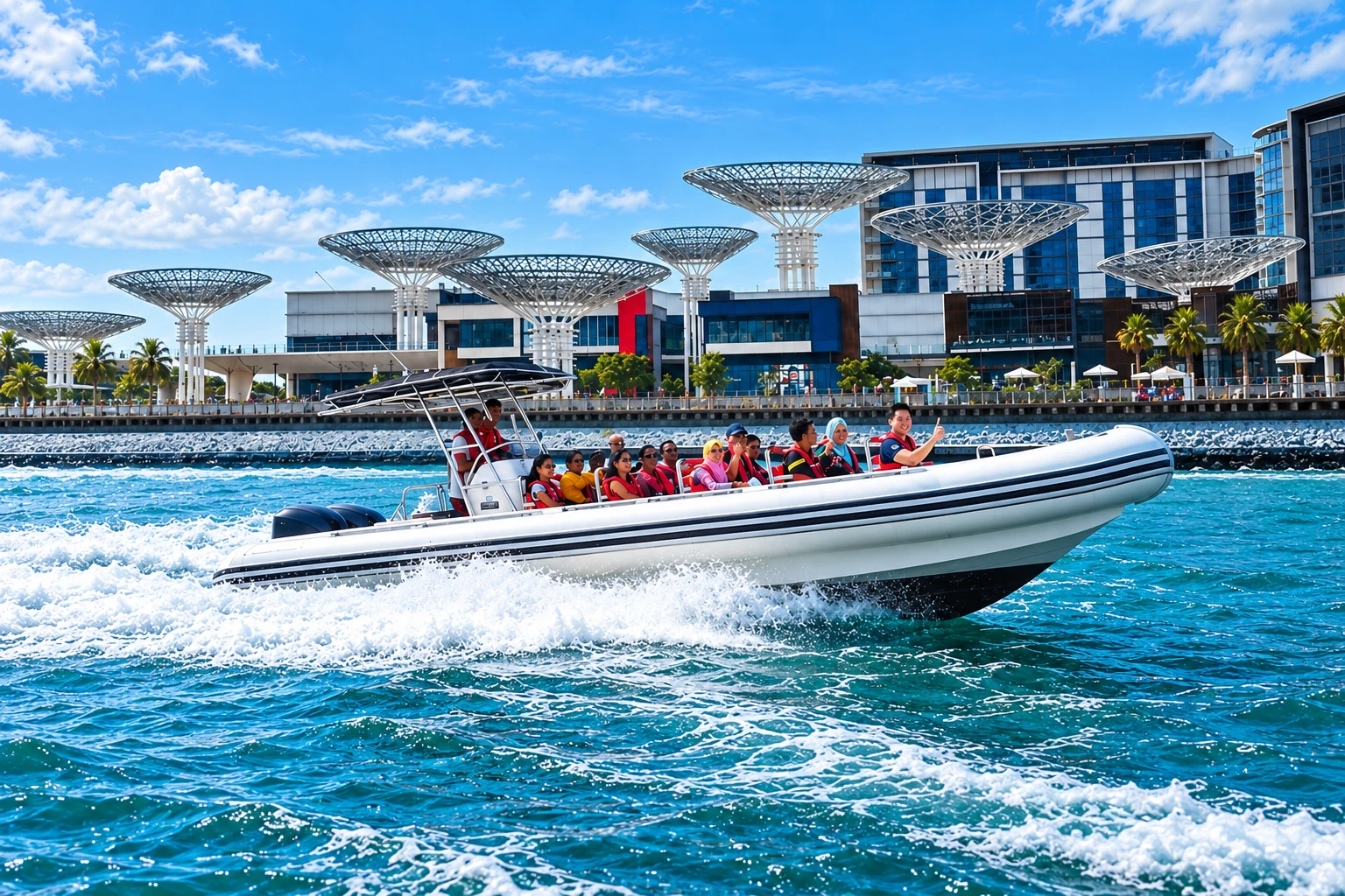 Speedboat passing Ain Dubai and Bluewaters Island in Dubai