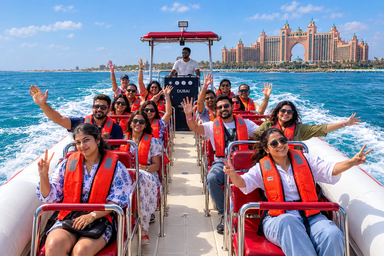 Speedboat cruising along Palm Jumeirah with Dubai coastline views