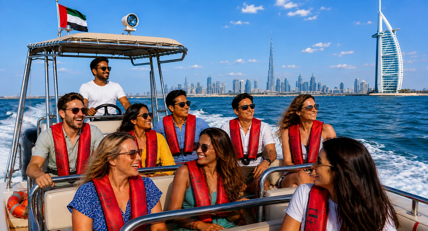 Speedboat approaching Burj Al Arab during a Dubai sightseeing tour