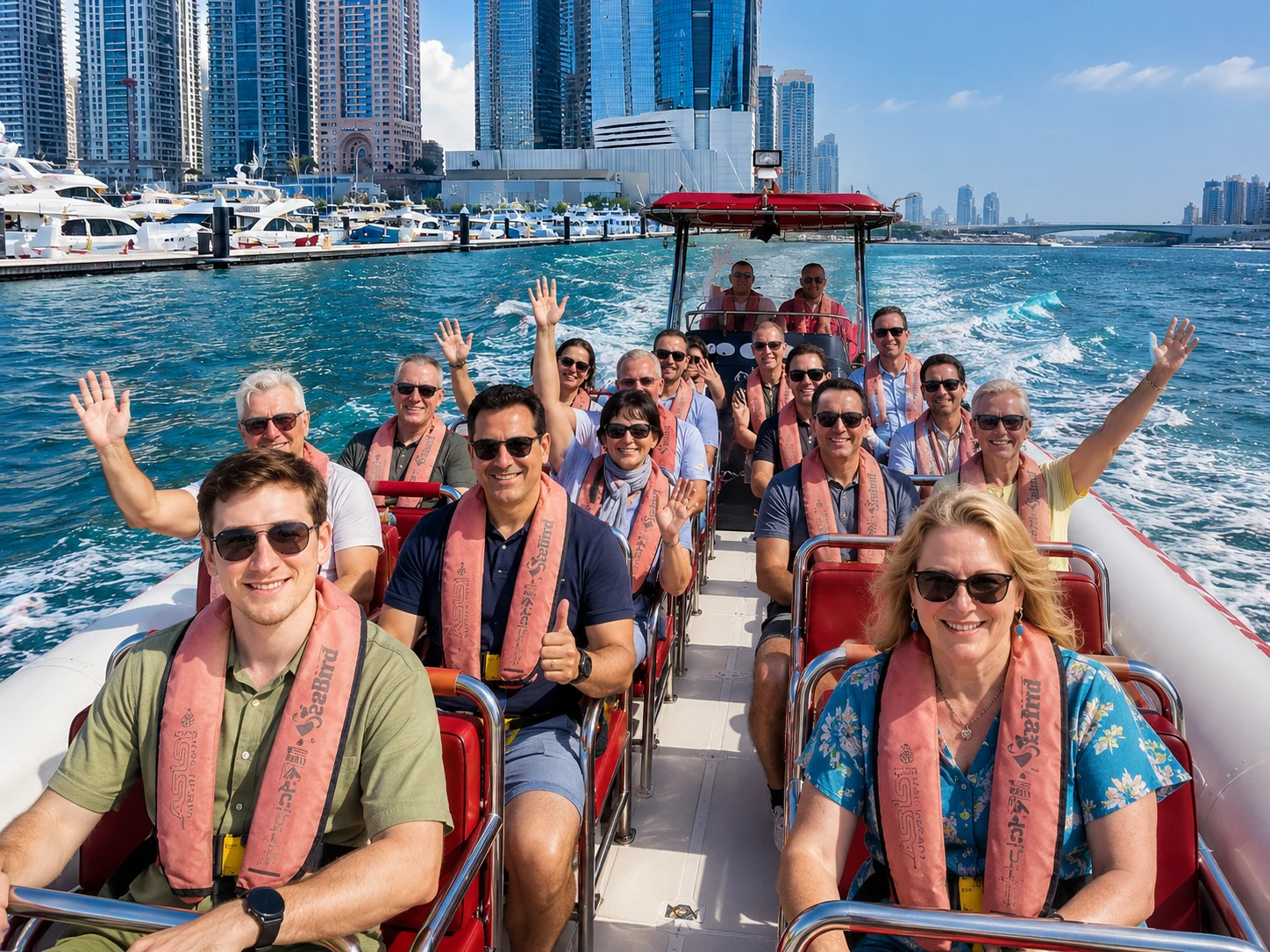 Travelers enjoying scenic Dubai landmarks from a speedboat