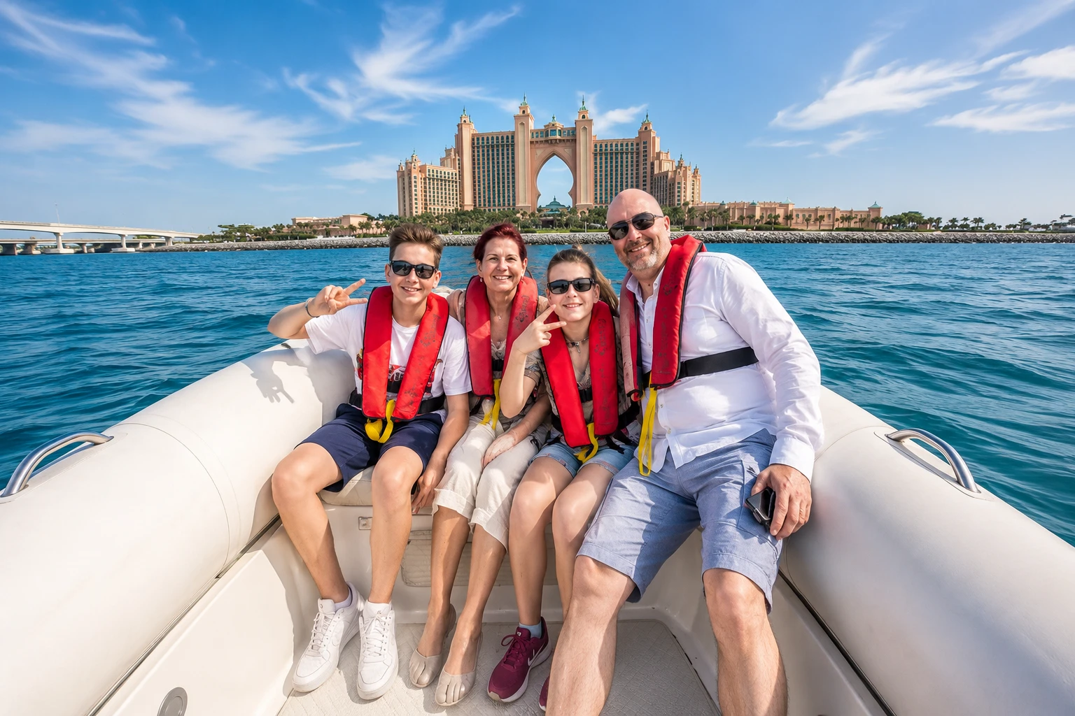 Travelers enjoying the view at Atlantis The Palm from a Dubai speedboat