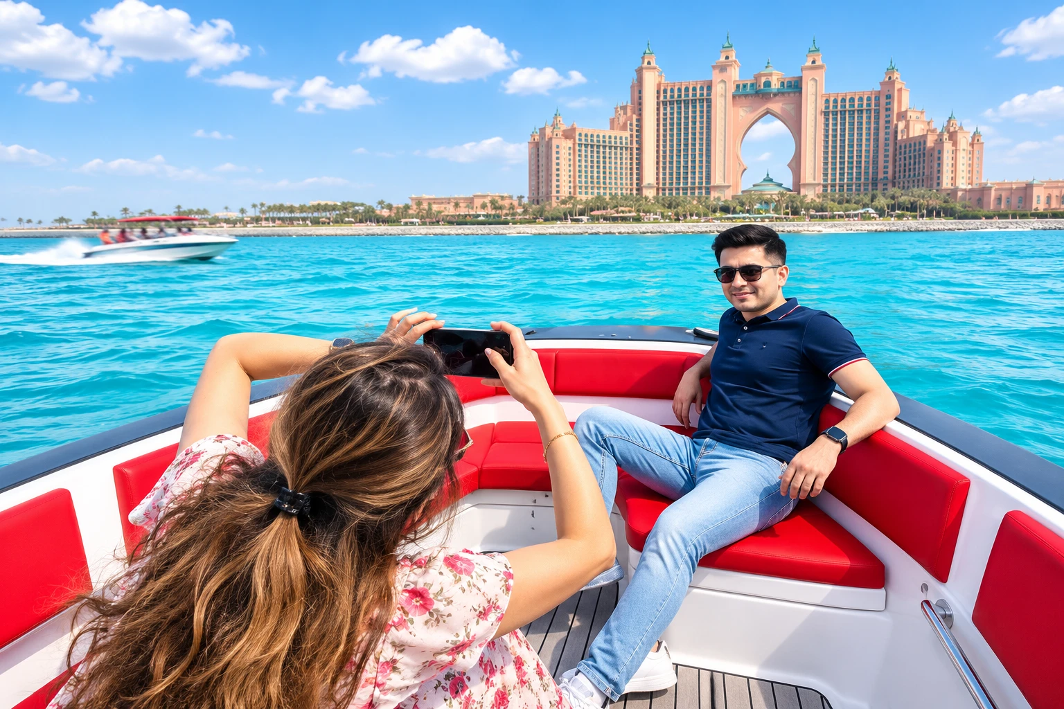 Travelers enjoying a speedboat photo stop at Atlantis The Palm Dubai