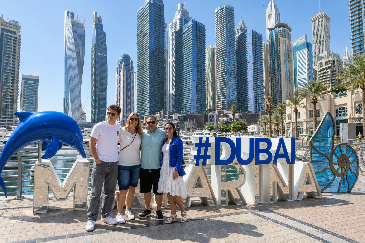 Travelers taking photos with Dubai Marina skyline during a Dubai city tour