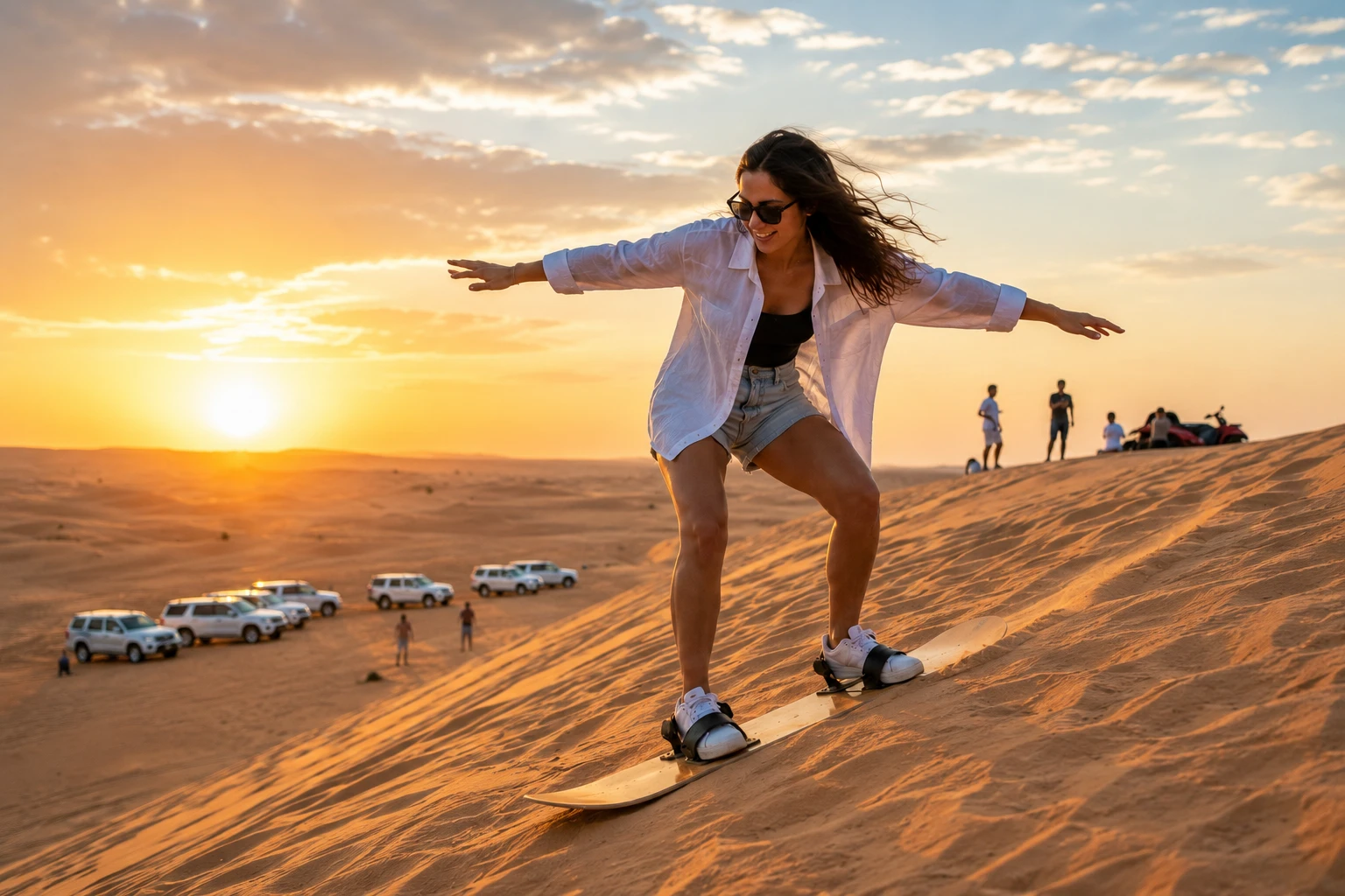 Travelers enjoying sandboarding on the Dubai desert dunes