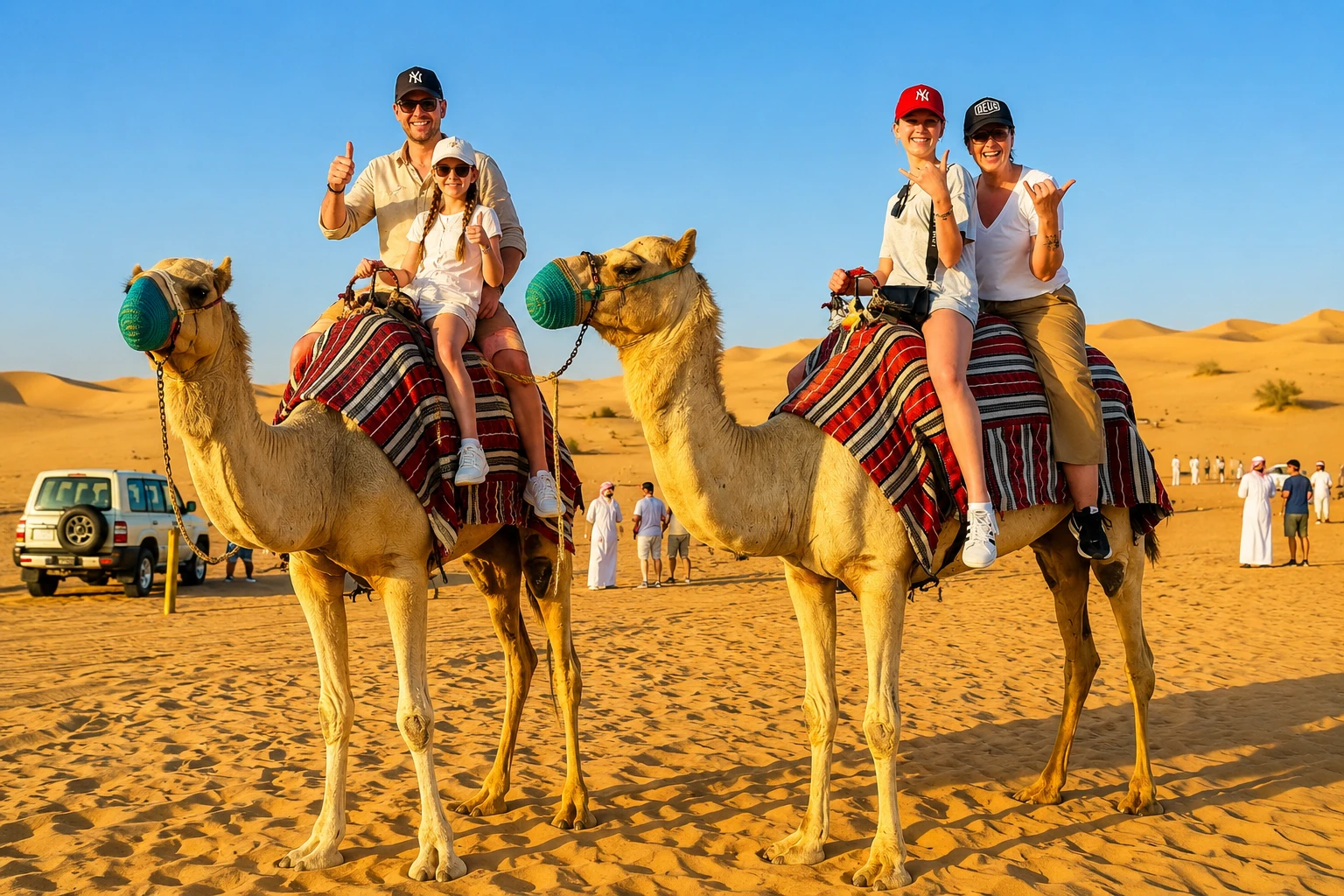 A family enjoying a traditional camel ride in the Dubai desert