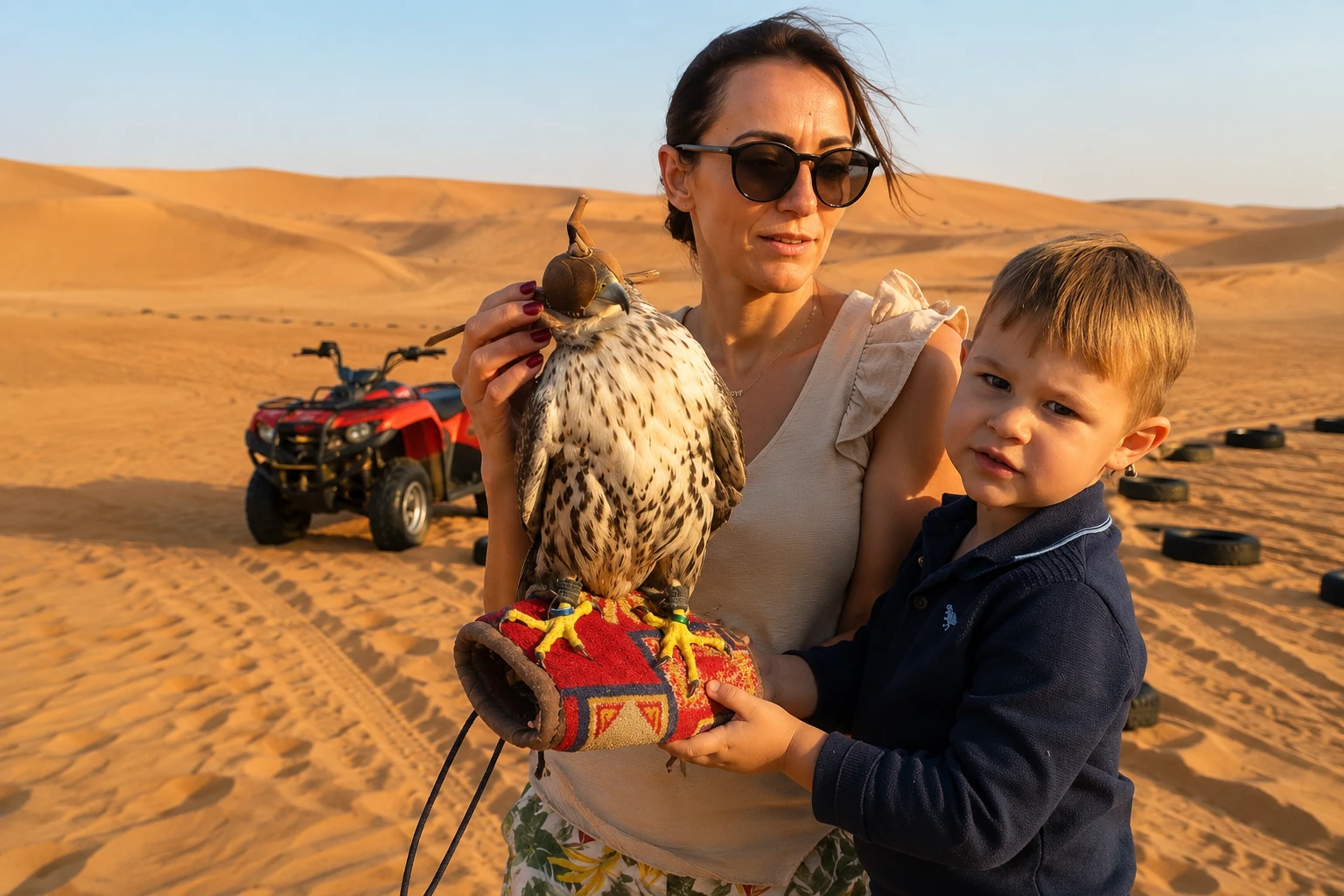 Travelers taking photos with falcon during a Dubai Desert Safari desert stop