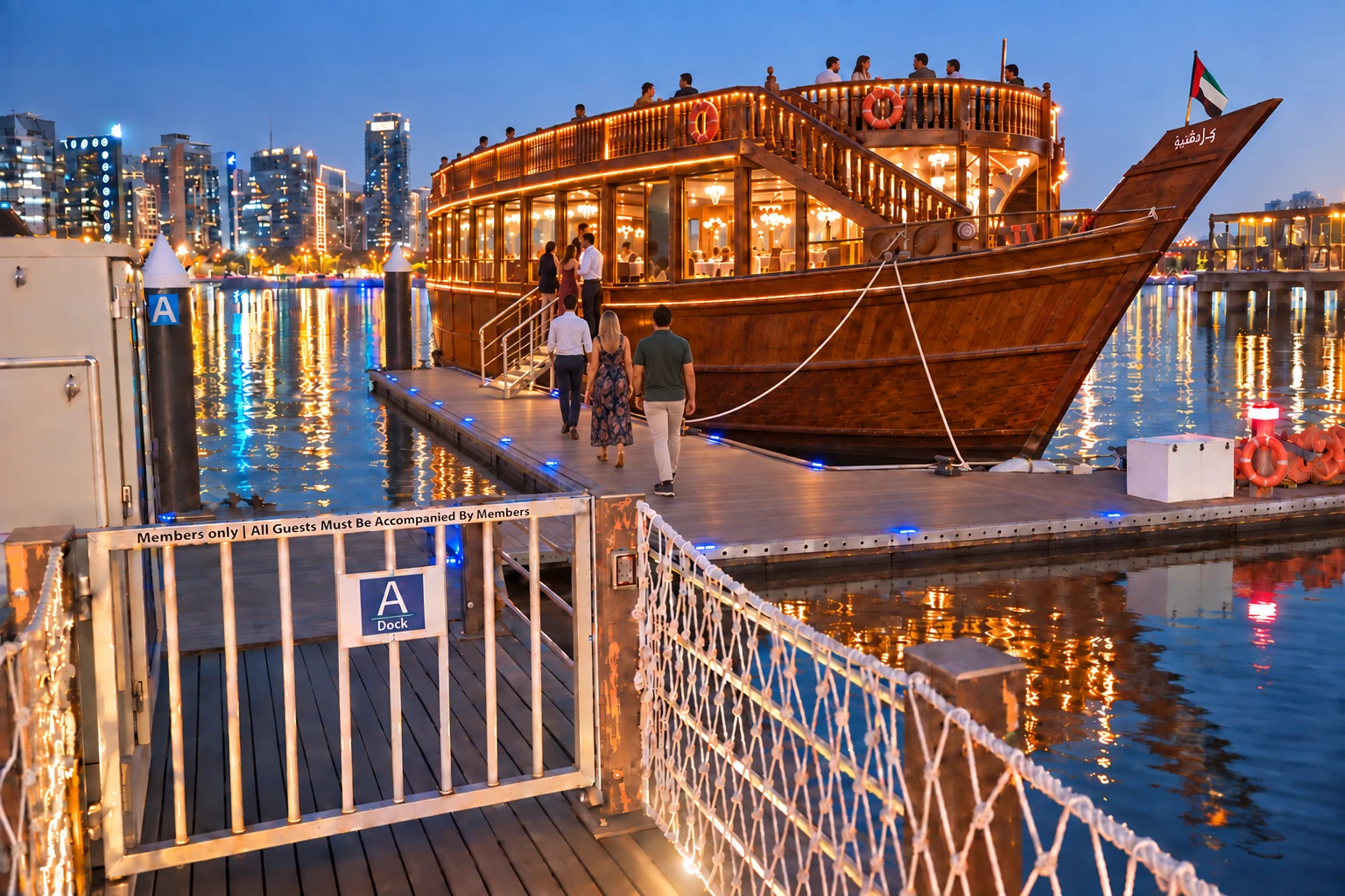 Travelers arriving at the meeting point for a Creek Dinner Cruise in Dubai