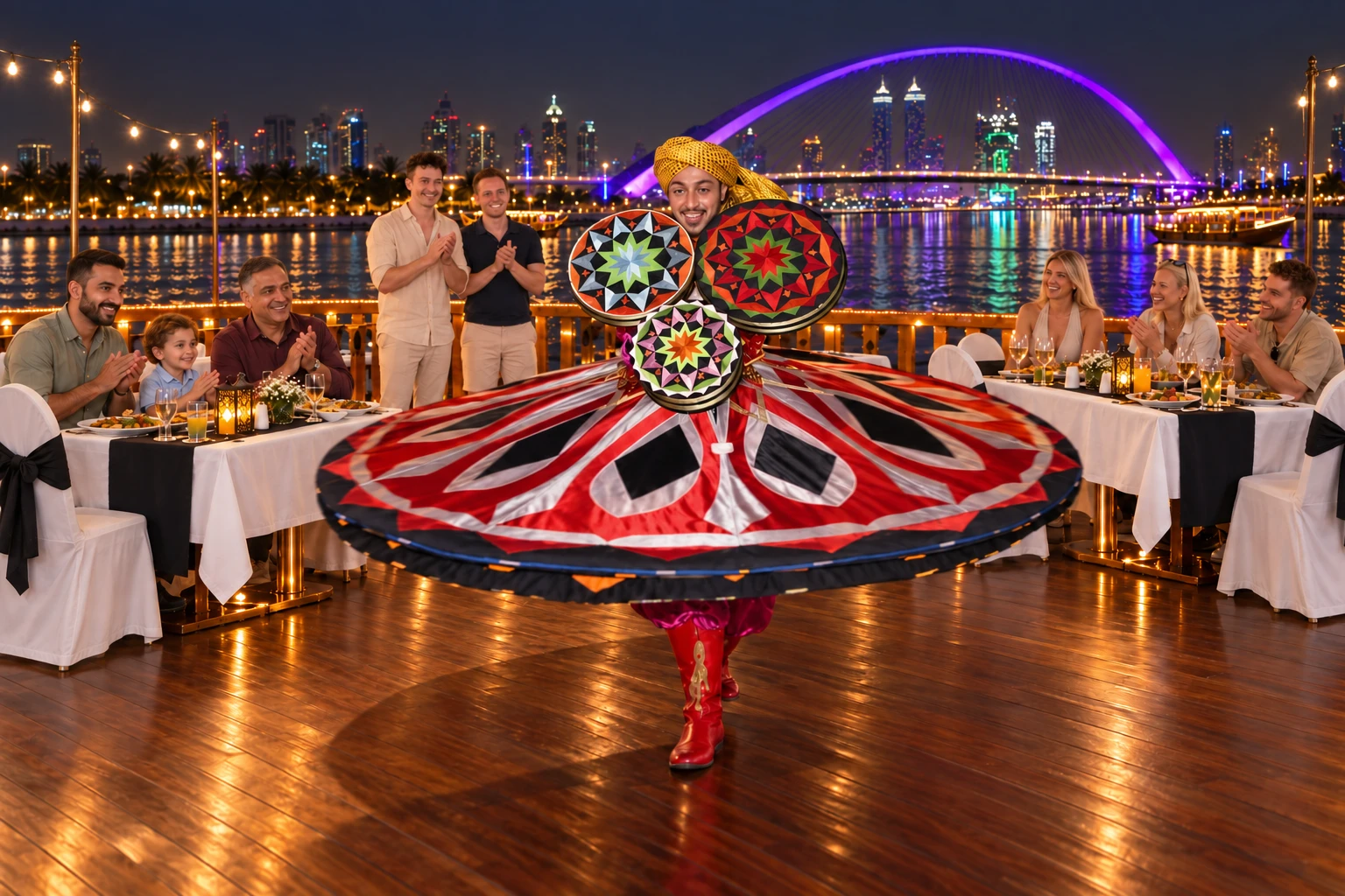 Tanura dance performance during a Dubai Creek dinner cruise with live entertainment
