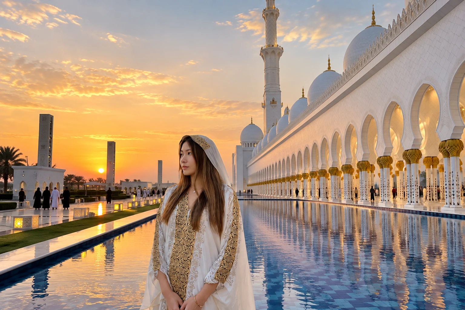 A woman visiting Sheikh Zayed Grand Mosque during an Abu Dhabi city tour at sunset