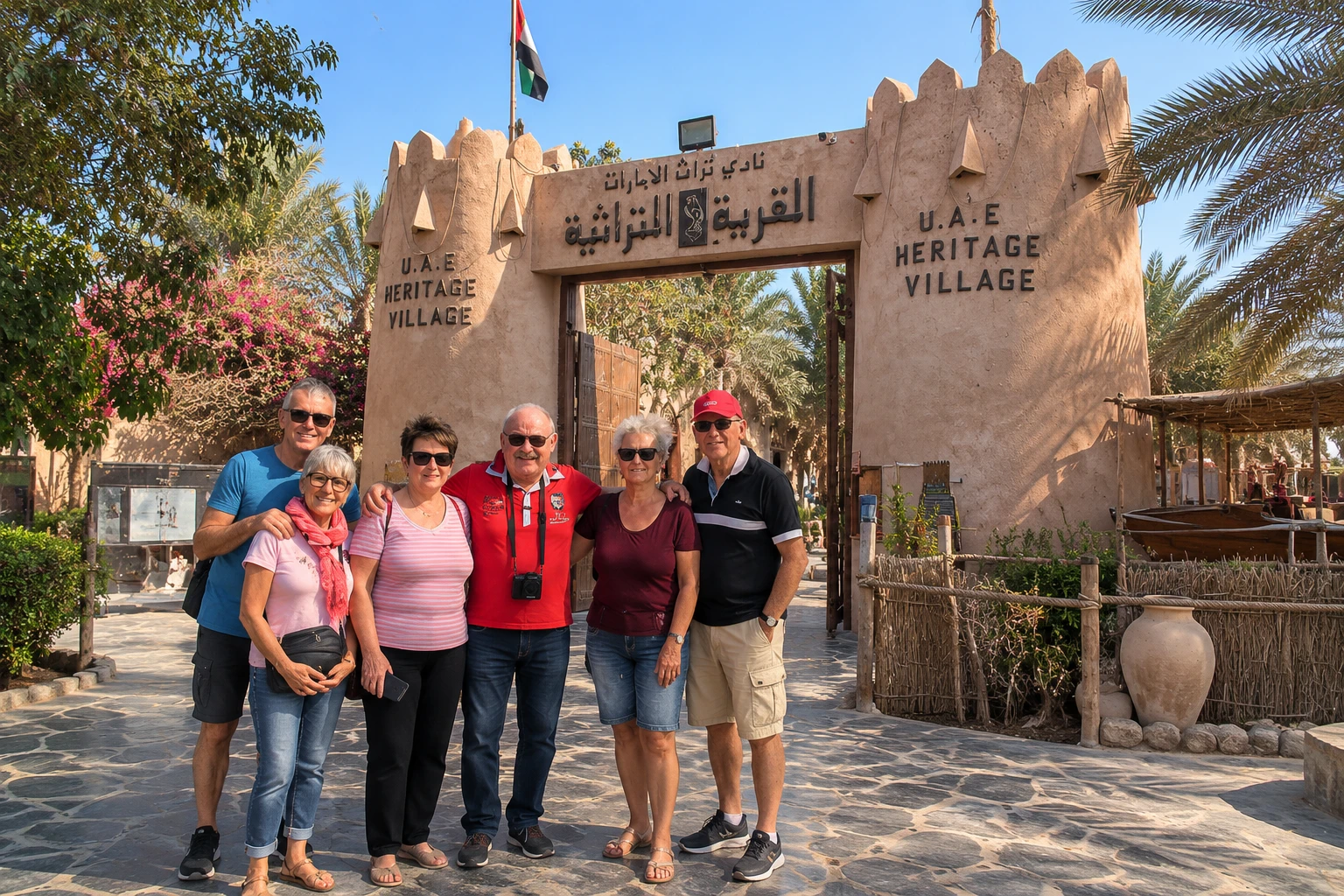 Travelers visiting Heritage Village during an Abu Dhabi city tour
