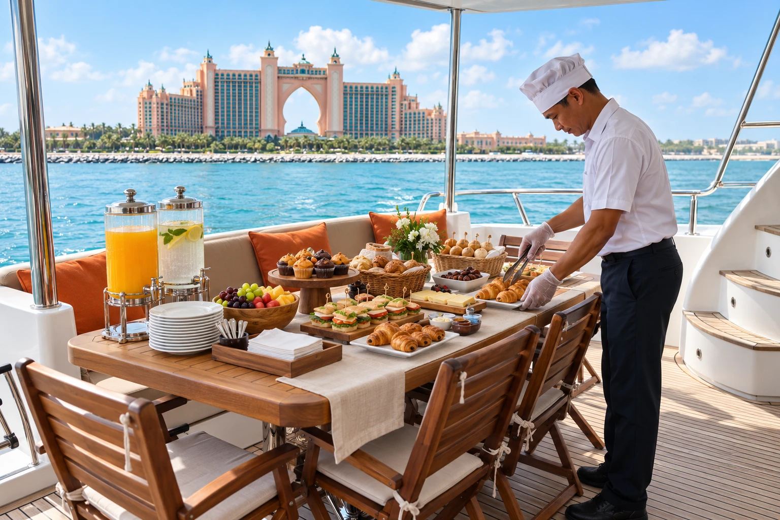 Dedicated staff preparing the breakfast for shared yacht tour