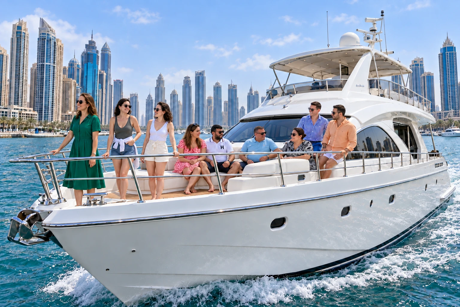 Guests enjoying an afternoon shared yacht cruise with views of Dubai Marina.