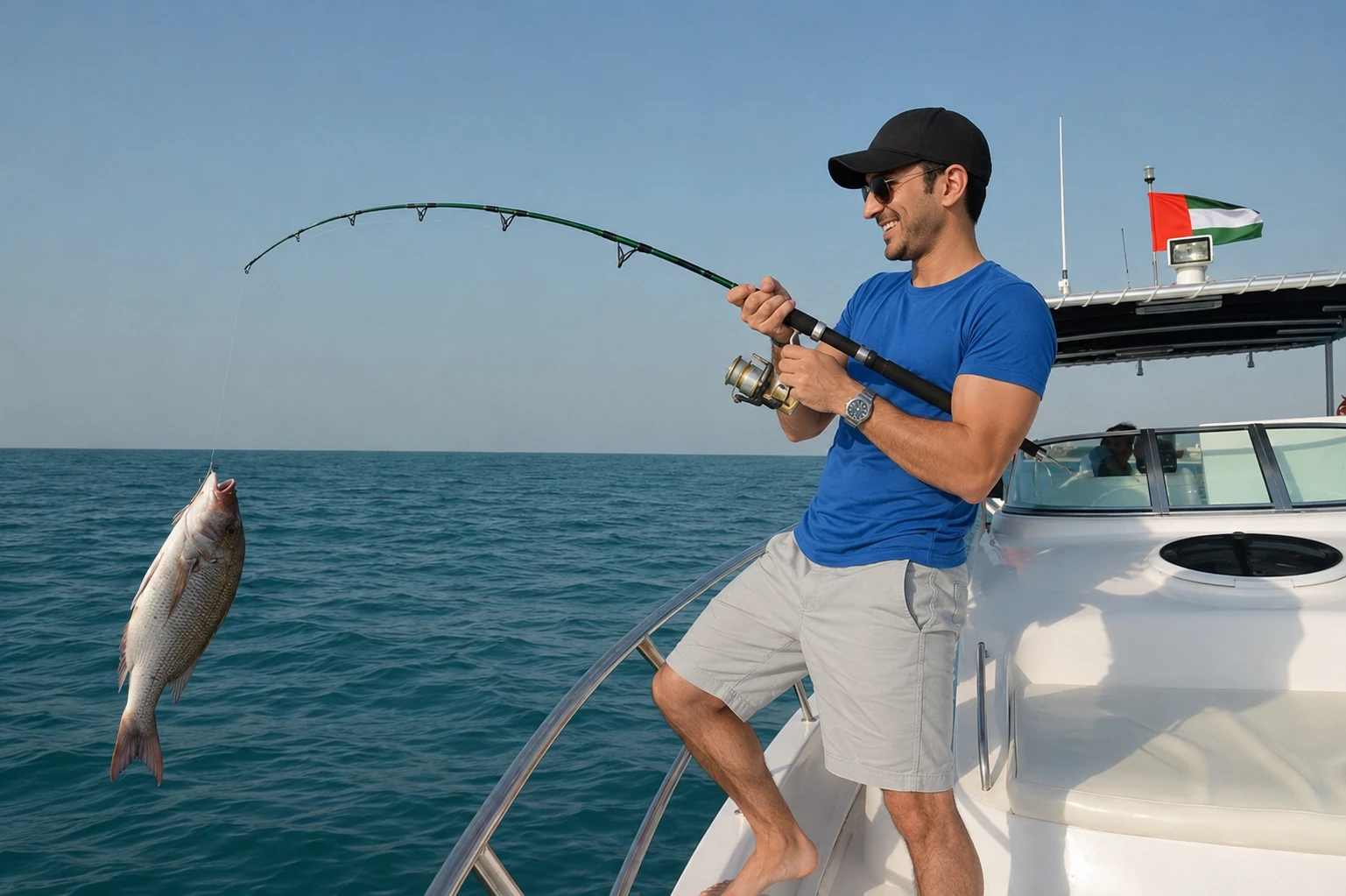 Traveler using a fishing rod during a deep sea fishing tour in Dubai